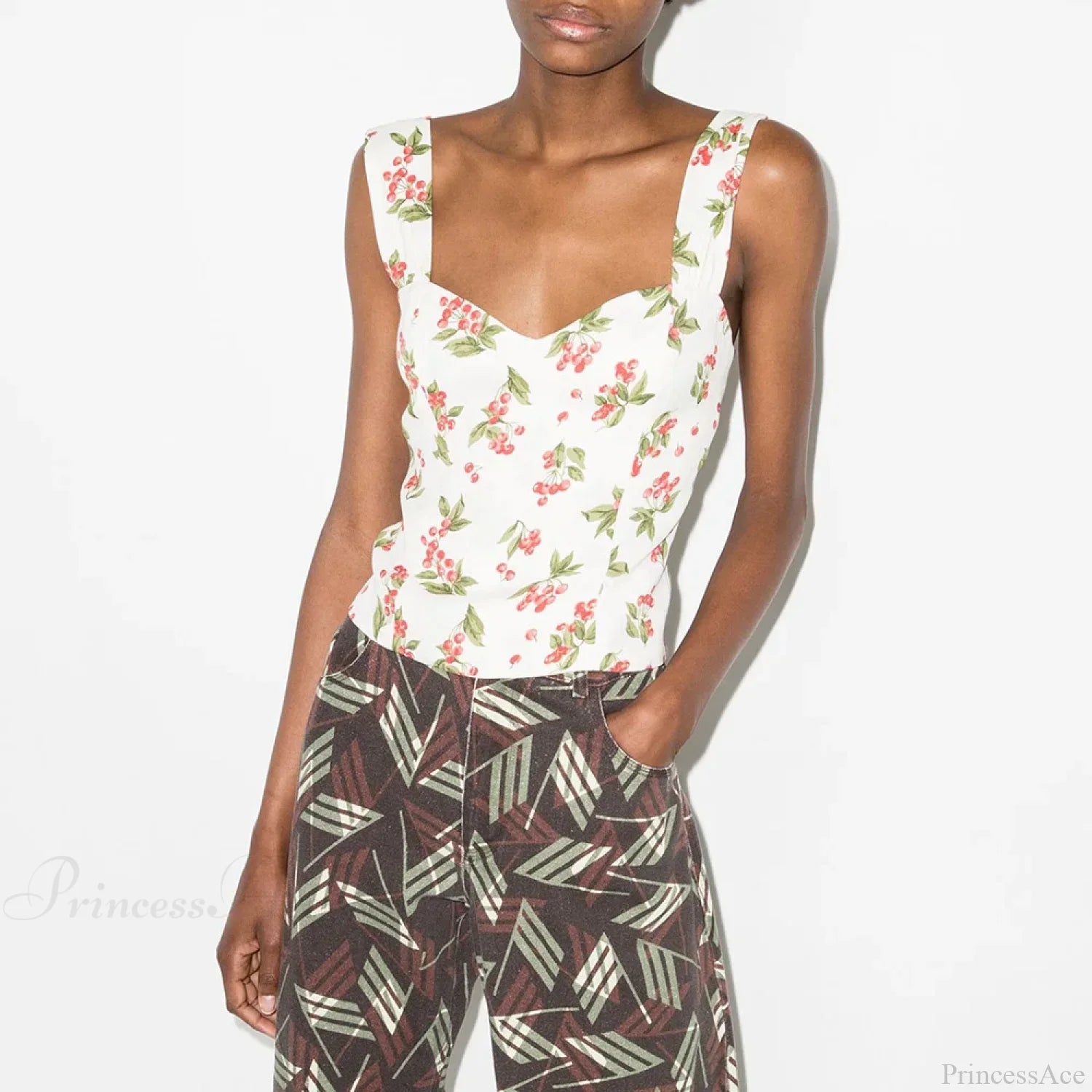 Boho Beach Vacation Floral Sweetheart Wide Strap Sleeveless Slim Crop Top WHITE / S croptop-250126