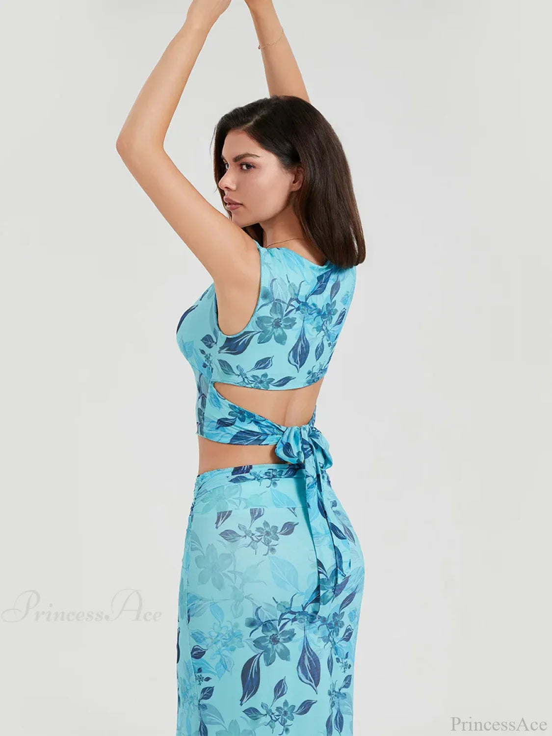 Boho Blue Floral Back Bandage Crop Tank Wrap Long Floral Dress floraldress-250126