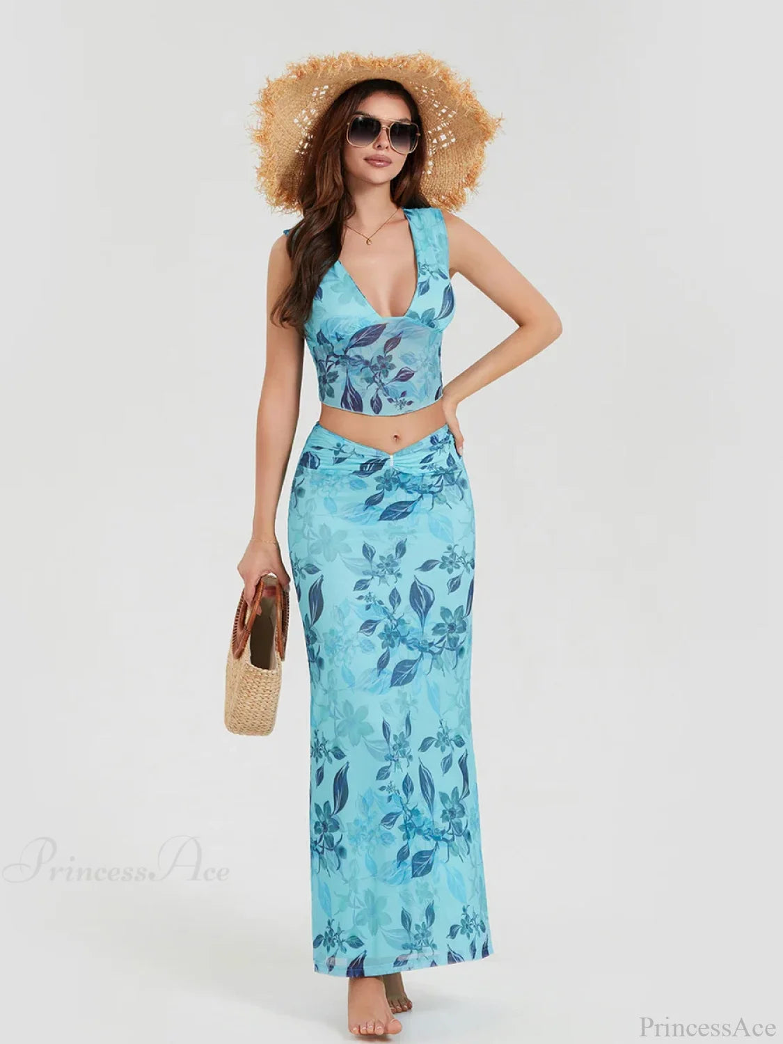 Boho Blue Floral Back Bandage Crop Tank Wrap Long Floral Dress floraldress-250126