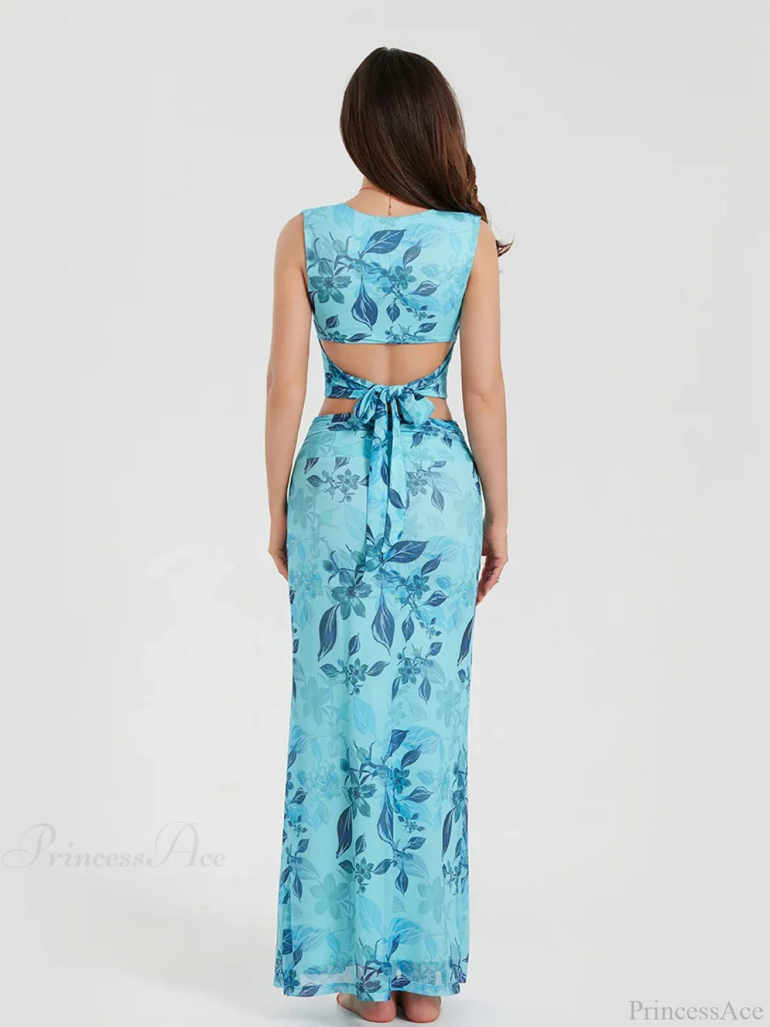 Boho Blue Floral Back Bandage Crop Tank Wrap Long Floral Dress floraldress-250126