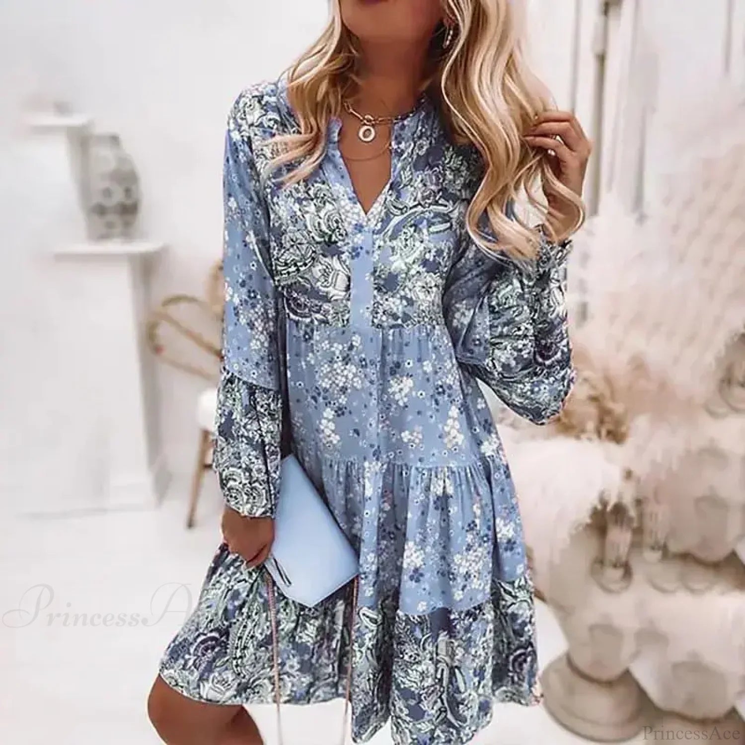 Boho Casual V-neck Loose A-line Floral Beach Party Dress Blue / S oldfloraldress-250126