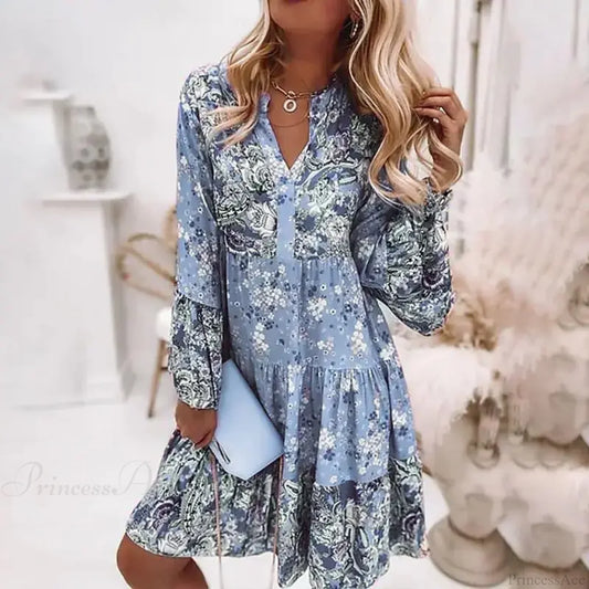 Boho Casual V-neck Loose A-line Floral Beach Party Dress Blue / S oldfloraldress-250126