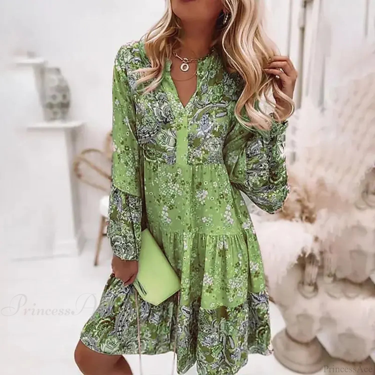 Boho Casual V-neck Loose A-line Floral Beach Party Dress Green / S oldfloraldress-250126
