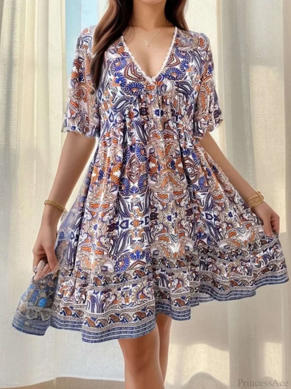 Boho Floral Mini V-neck Short Sleeve Beach Floral Dress Blue / S oldfloraldress-250126
