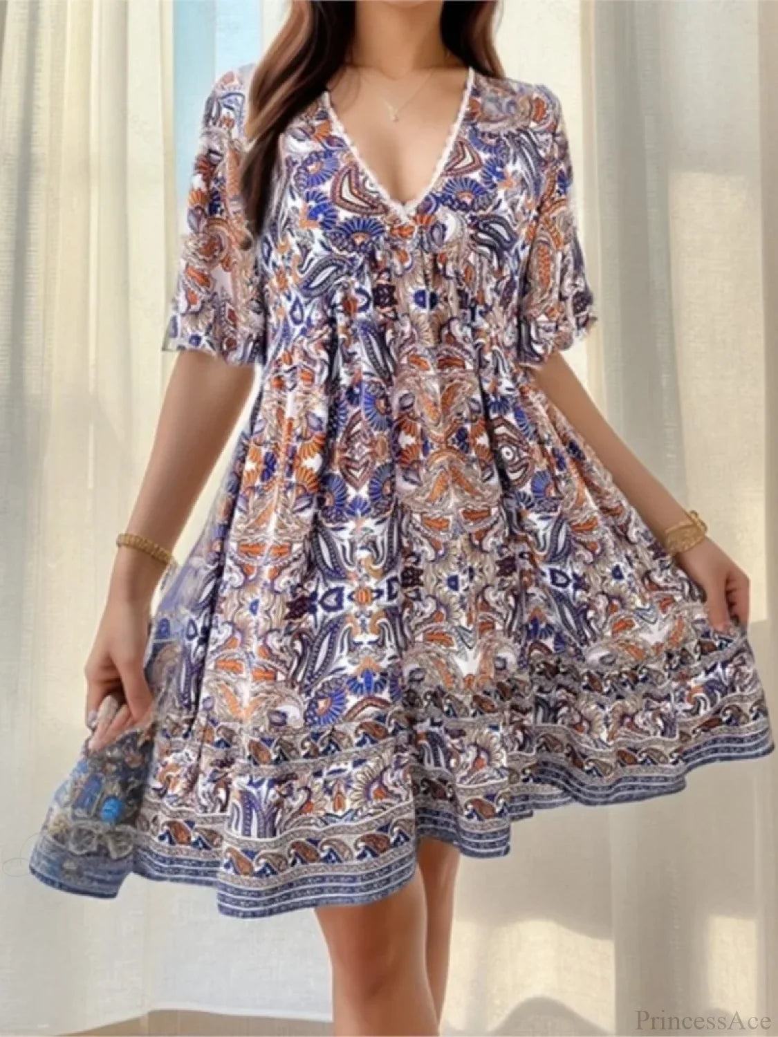 Boho Floral Mini V-neck Short Sleeve Beach Floral Dress oldfloraldress-250126
