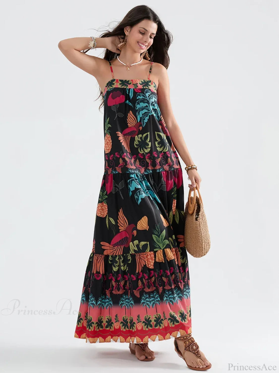 Boho Flowy Leaves Floral Ruched A-Line Floral Dress floraldress-250126