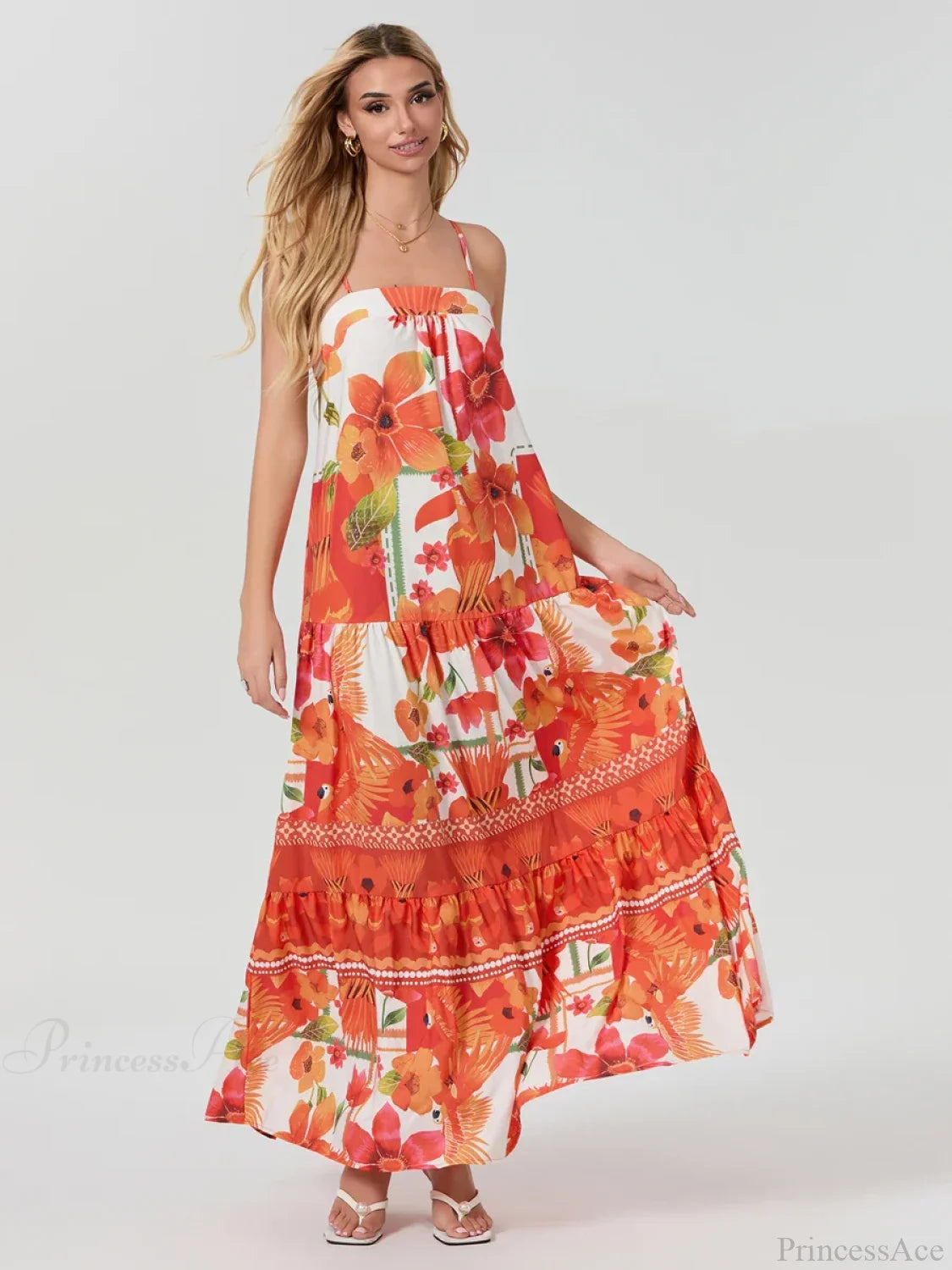 Boho Flowy Leaves Floral Ruched A-Line Floral Dress ORANGE / S floraldress-250126