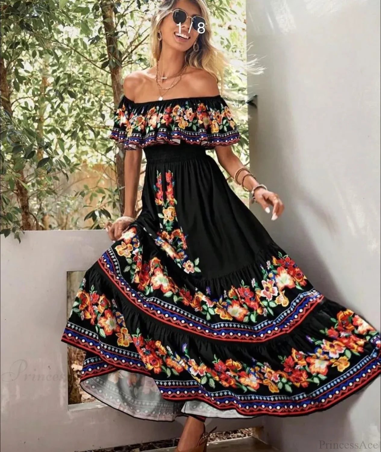 Boho Off-Shoulder Ruffle Floral Print Maxi Floral Dress Black / S floraldress-250126