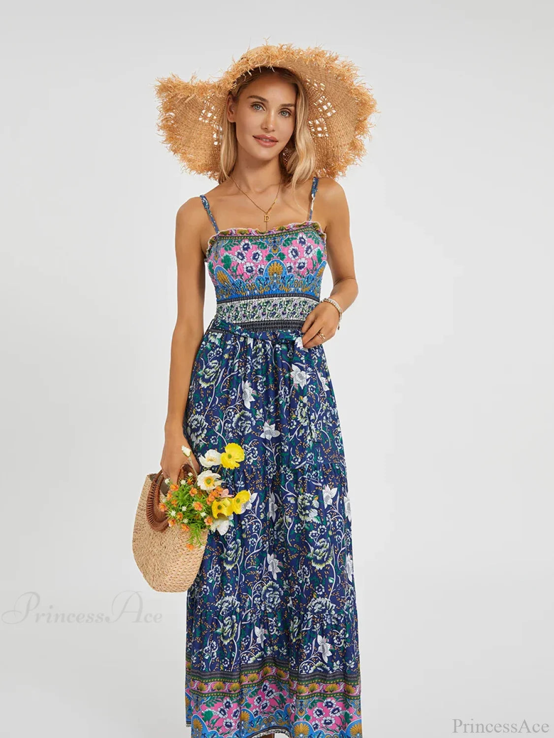 Boho Retro Floral Swing Spaghetti Straps Belted Long Floral Dress floraldress-250126