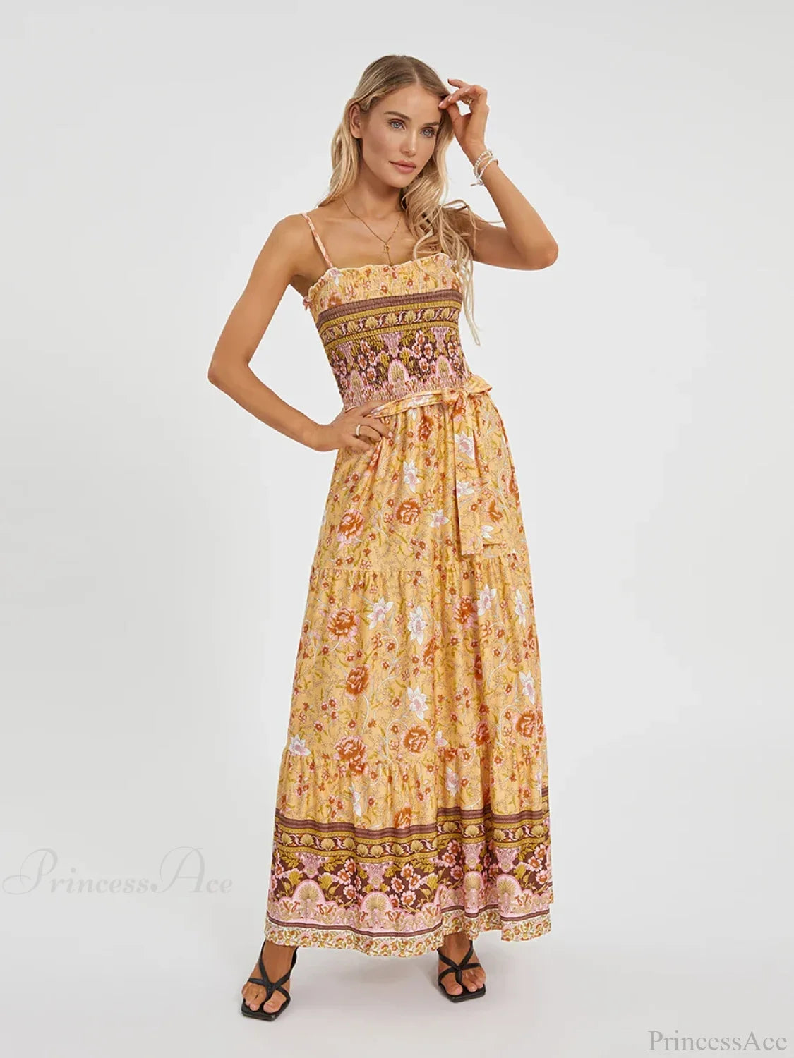 Boho Retro Floral Swing Spaghetti Straps Belted Long Floral Dress floraldress-250126