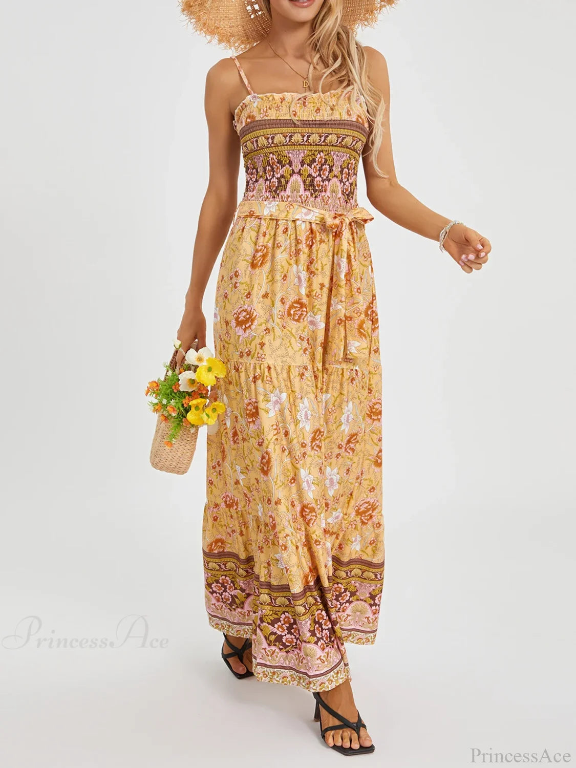 Boho Retro Floral Swing Spaghetti Straps Belted Long Floral Dress Yellow / S floraldress-250126