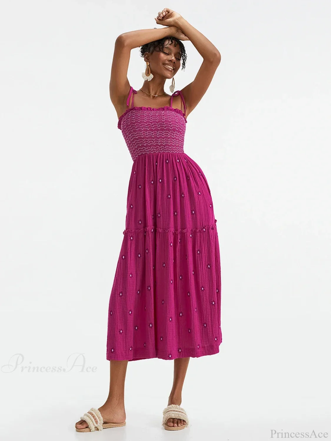 Boho Summer Flower Embroidery Tie-Up Shoulder Shirred A-Line Beach Dress floraldress-250126