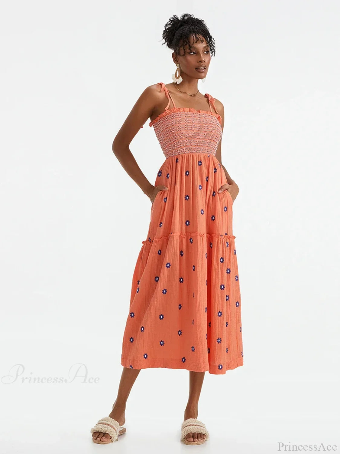 Boho Summer Flower Embroidery Tie-Up Shoulder Shirred A-Line Beach Dress ORANGE / S floraldress-250126