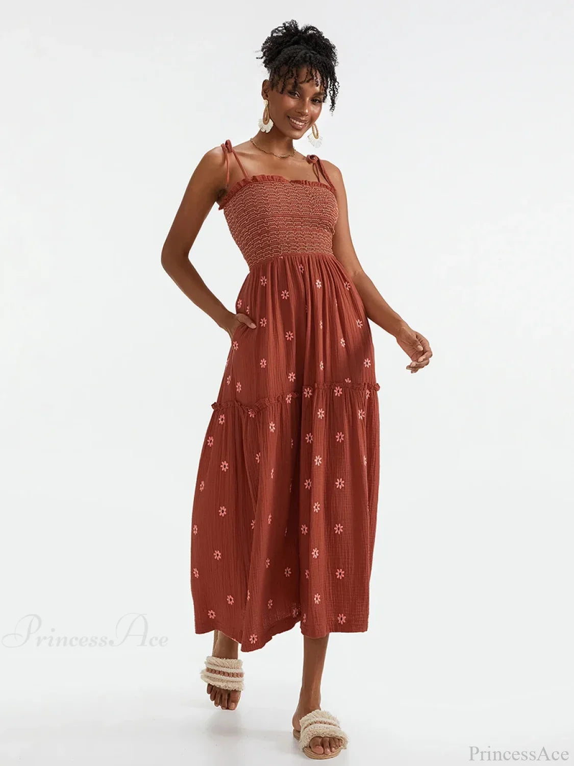 Boho Summer Flower Embroidery Tie-Up Shoulder Shirred A-Line Beach Dress RED1 / S floraldress-250126