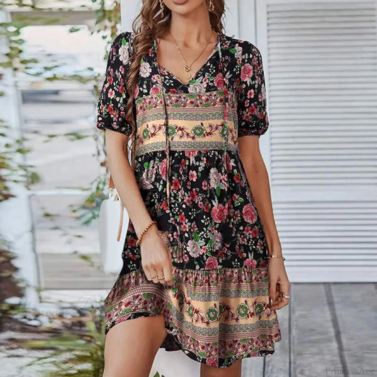 Boho Tie-up V Neck Floral Print Loose Dress Black / M oldfloraldress-250126