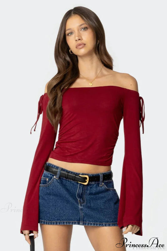 Bow Tie Off Shoulder Long Sleeve Crop Top