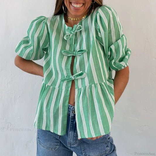 Bowknot Front Hollow Out Vintage Ruffles Puff Sleeve Elegant Sweet Y2K Crop Top croptop-250126