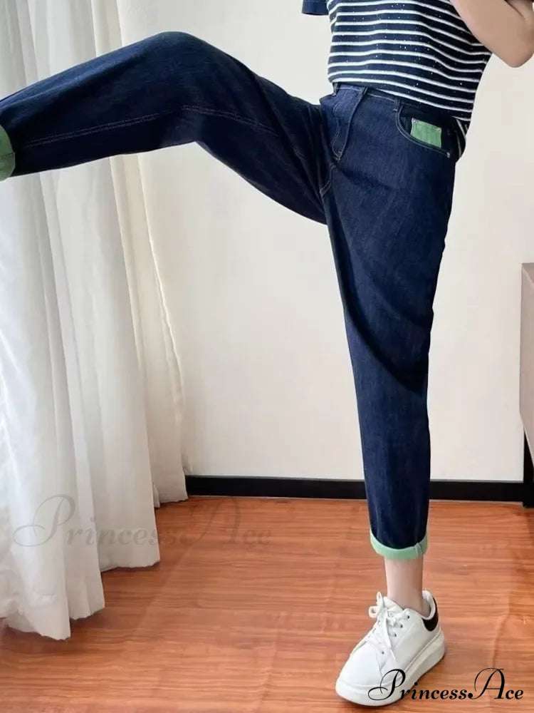 Braided Contrasting Elastic Harem For Women In Spring And Autumn Jean