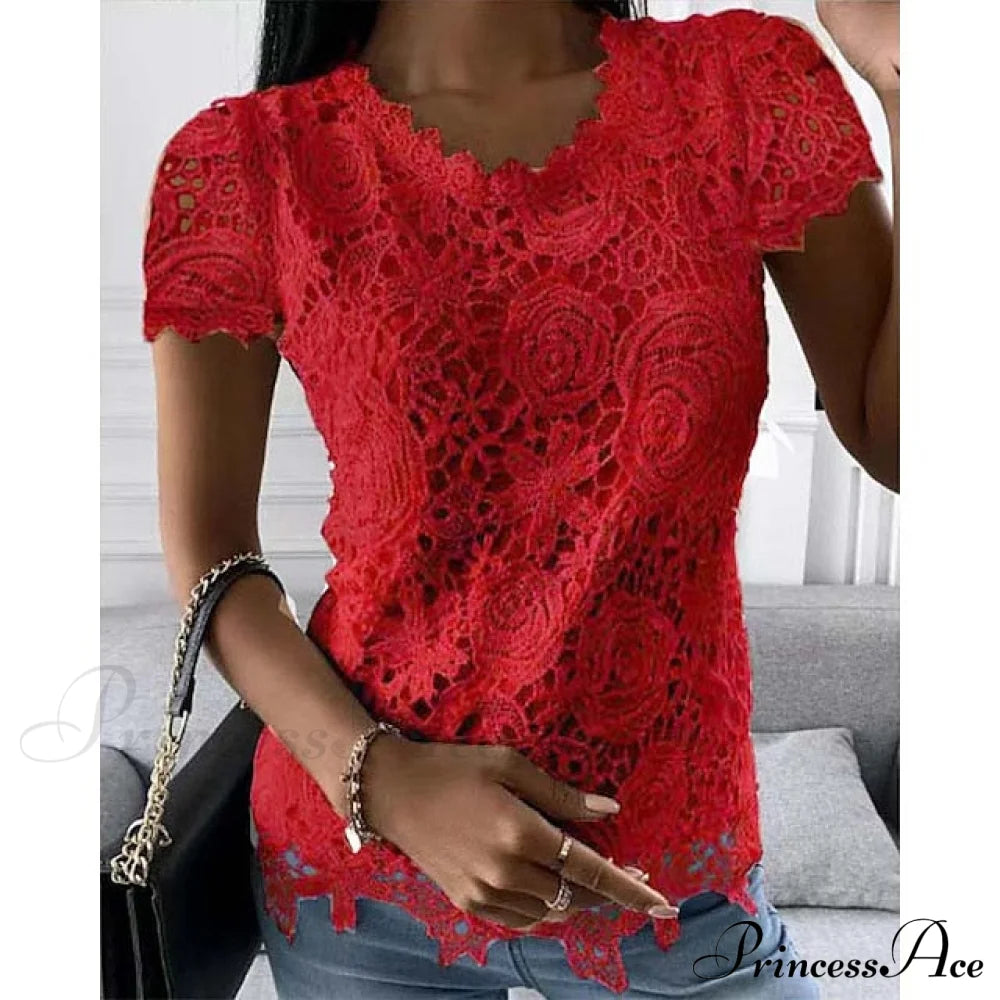 Brief Pink Neck White Casual Women’s Blouse Round Black Lace Arm Basic Plain