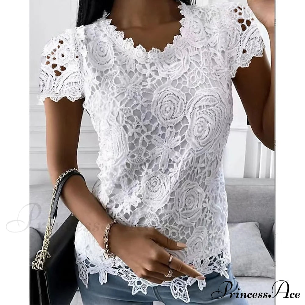 Brief Pink Neck White Casual Women’s Blouse Round Black Lace Arm Basic Plain / S