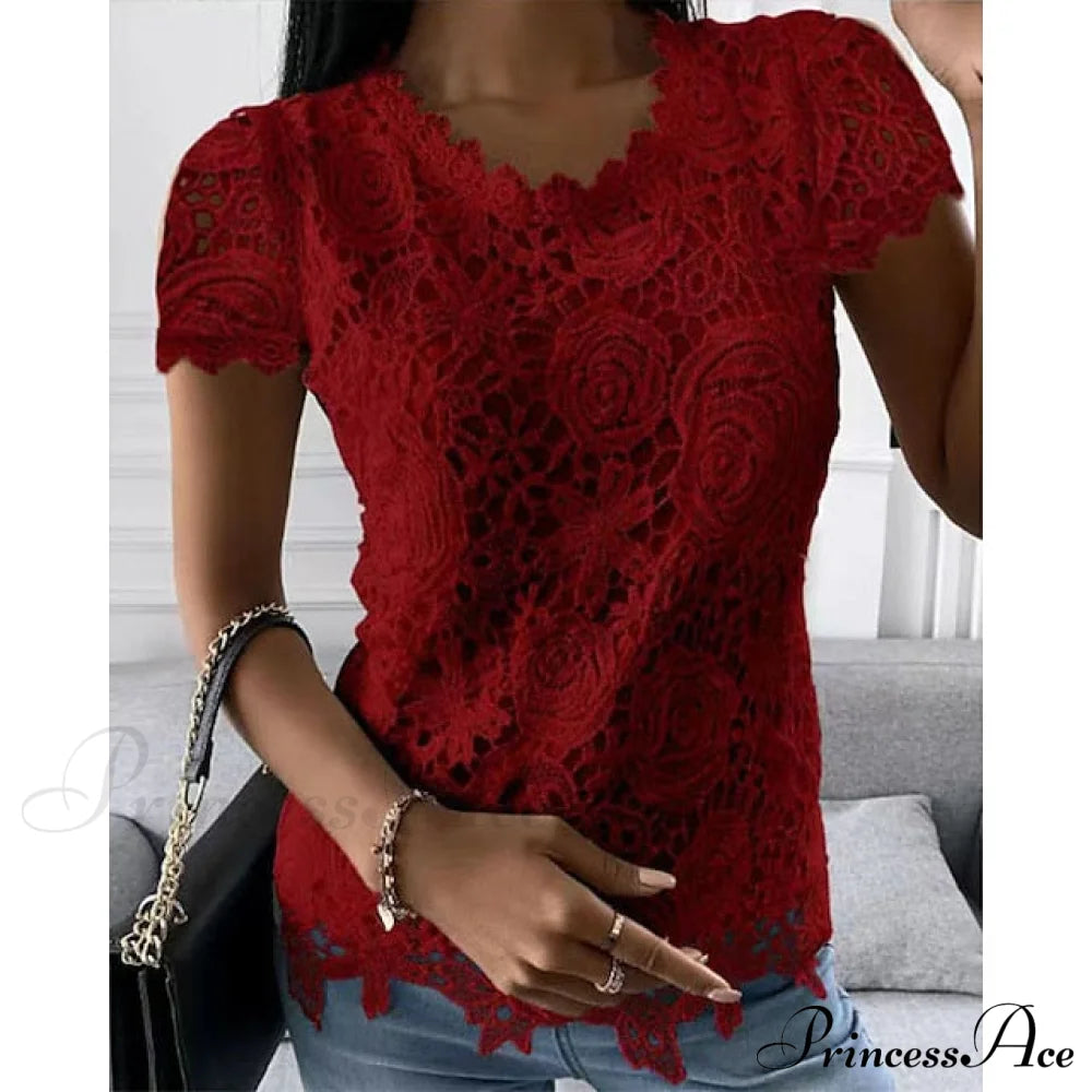 Brief Pink Neck White Casual Women’s Blouse Round Black Lace Arm Basic Plain Wine / S