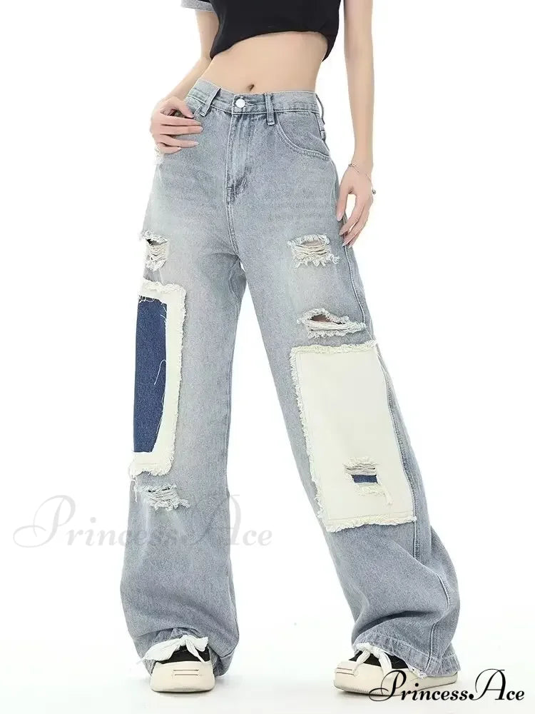 Broken Hole Patch Summer Crowd High Waist Loose Straight Leg Women’s Jean