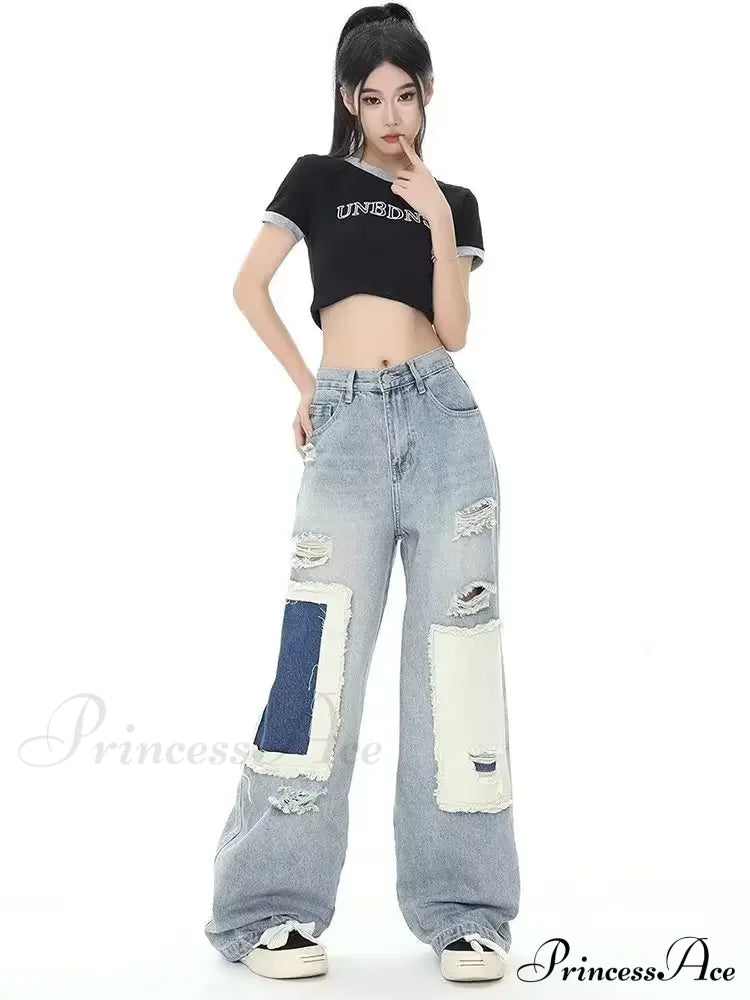 Broken Hole Patch Summer Crowd High Waist Loose Straight Leg Women’s Jean
