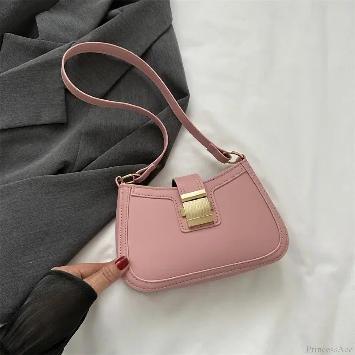 Brown Gold Buckle Vintage Shoulder Bag Pink / 20.5x5.5x13cm shoulder-250126