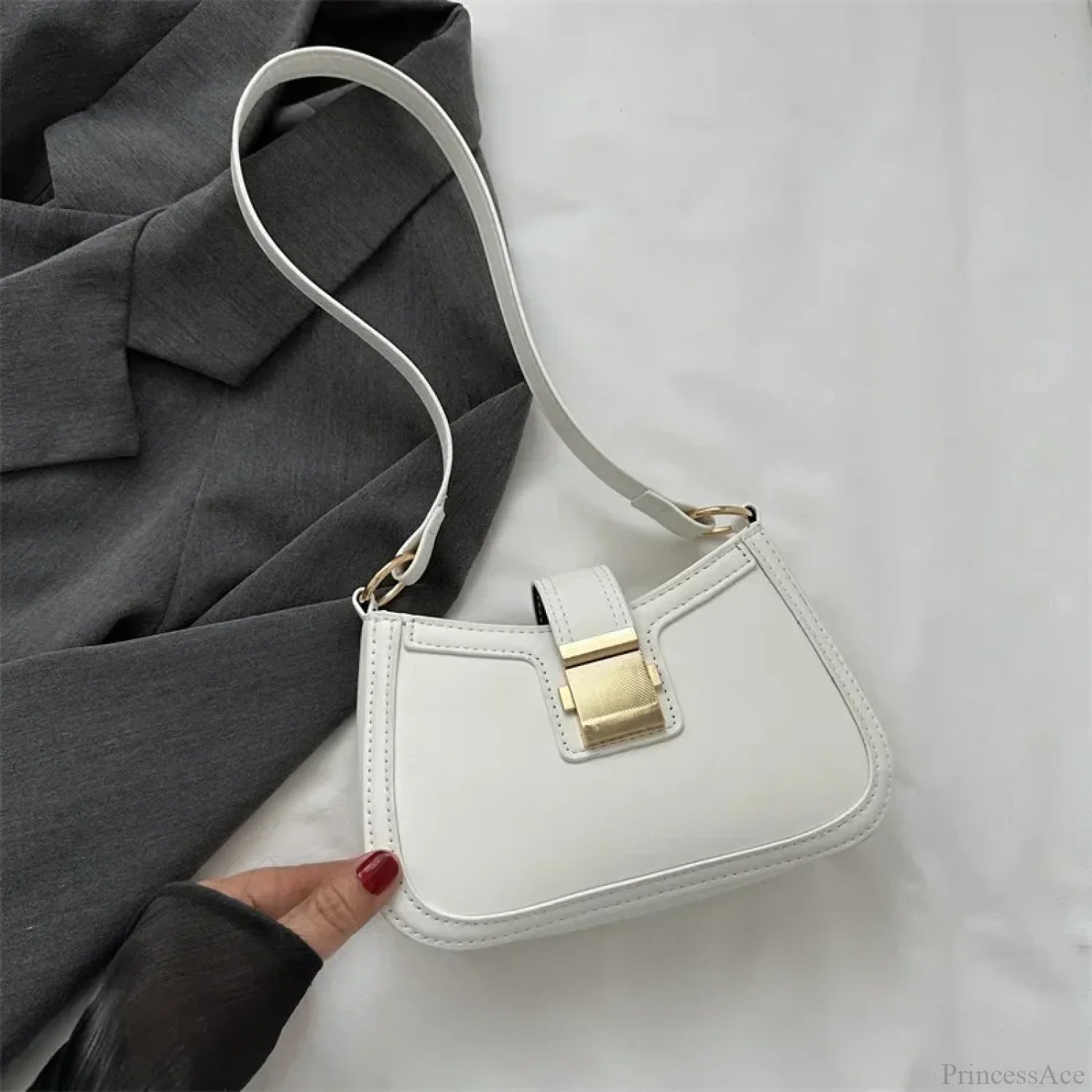 Brown Gold Buckle Vintage Shoulder Bag White / 20.5x5.5x13cm shoulder-250126