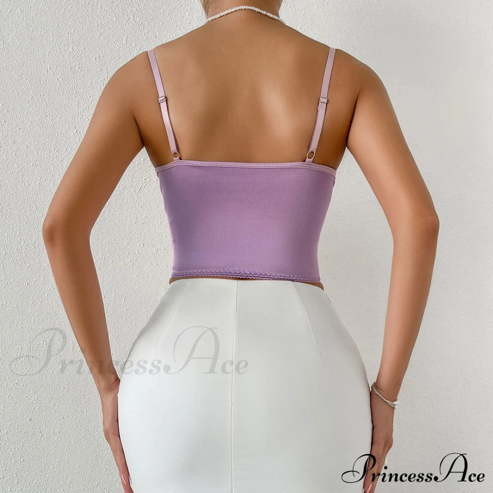 Butterfly Applique Hook And Eye Classic Silky Satin Corset Top - Champagne L / Purple Tops