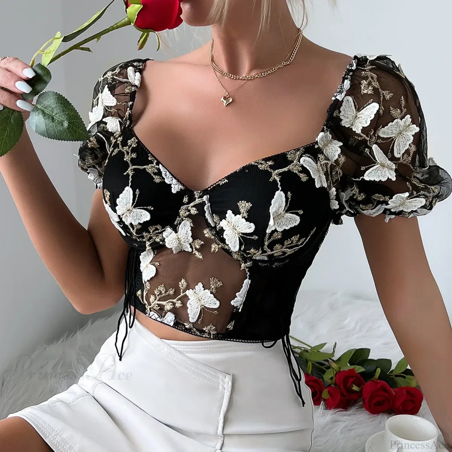 Butterfly Embroidered Mesh Puff Sleeve Lace-up Corset Top Black / S croptop-250126