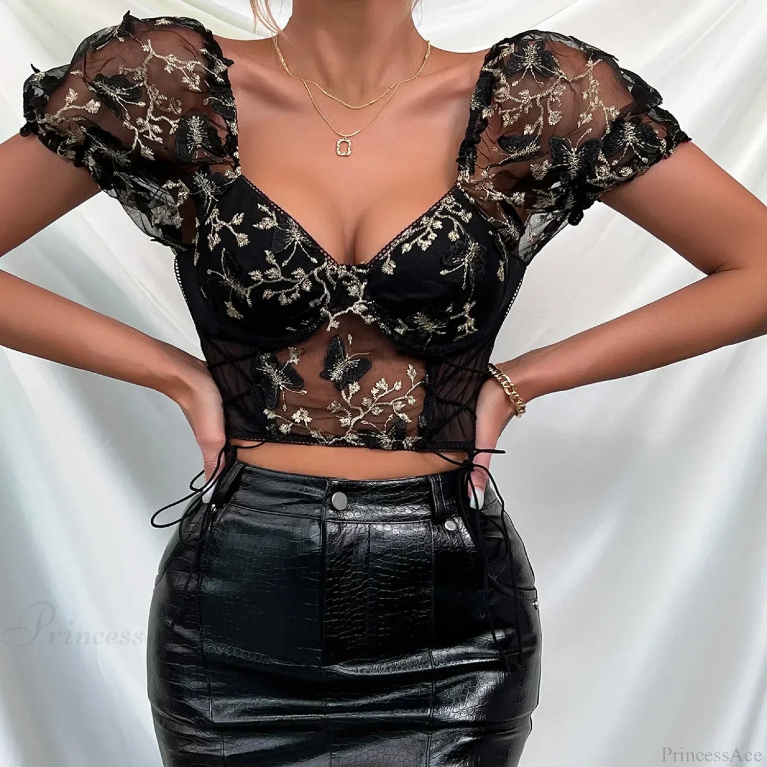 Butterfly Embroidered Mesh Puff Sleeve Lace-up Corset Top black / S croptop-250126