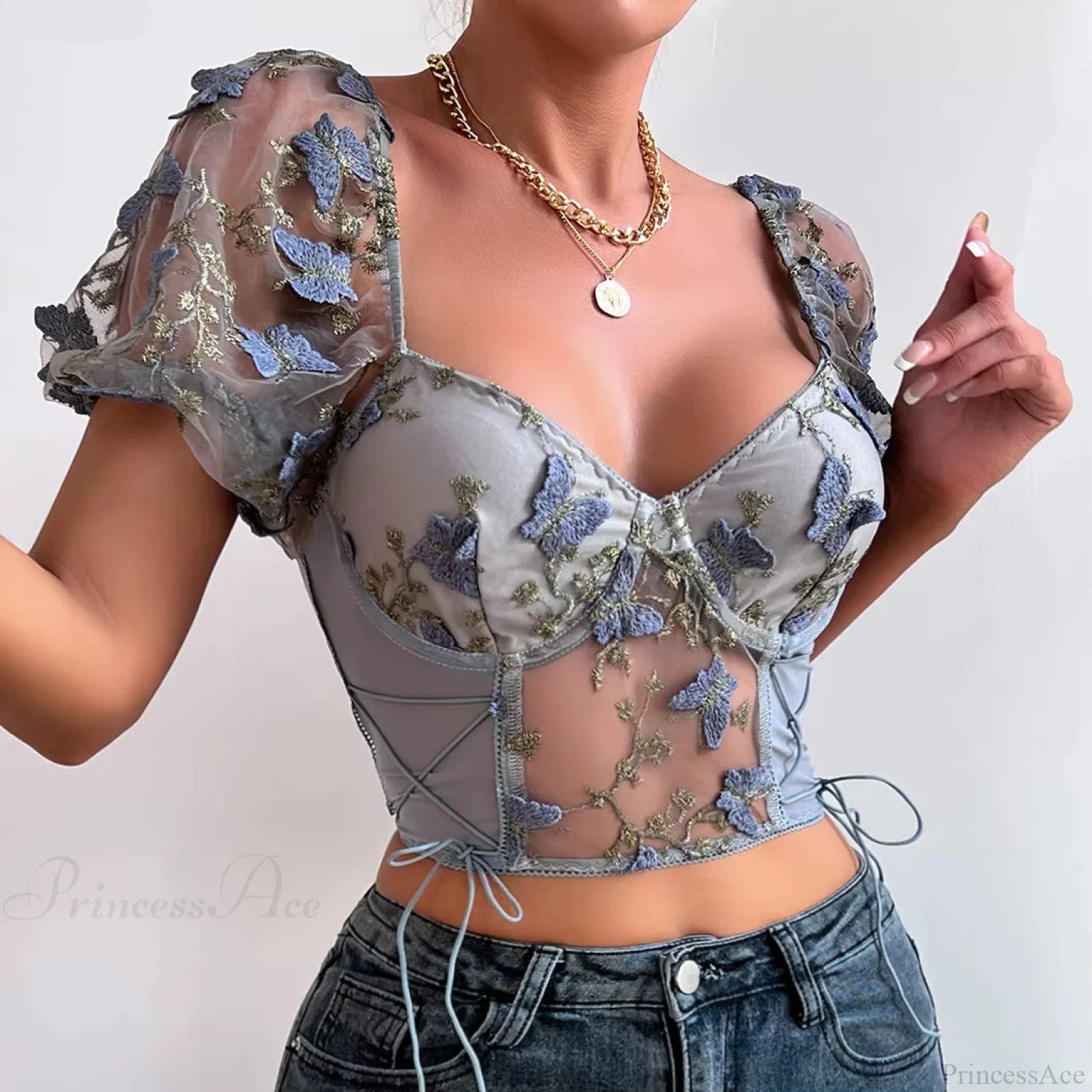Butterfly Embroidered Mesh Puff Sleeve Lace-up Corset Top croptop-250126
