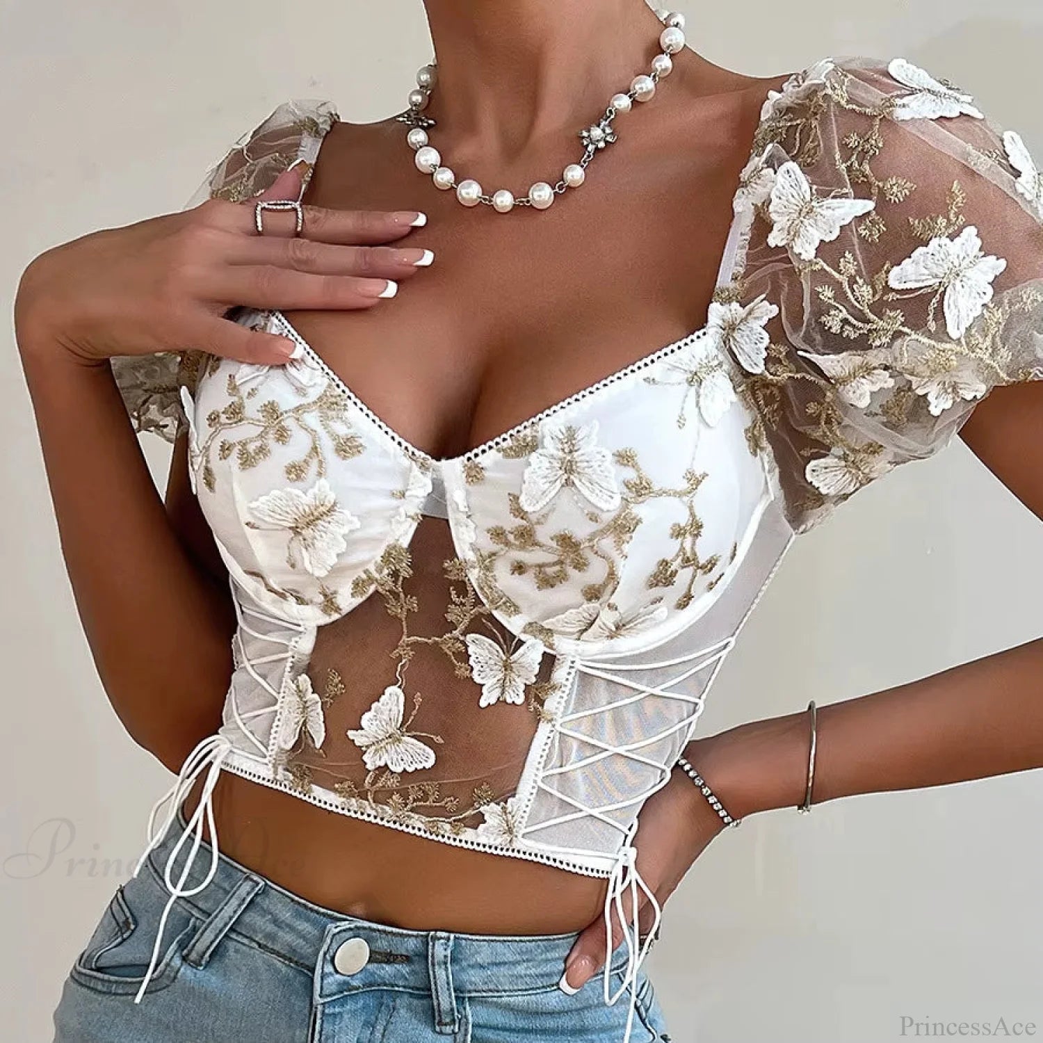 Butterfly Embroidered Mesh Puff Sleeve Lace-up Corset Top croptop-250126
