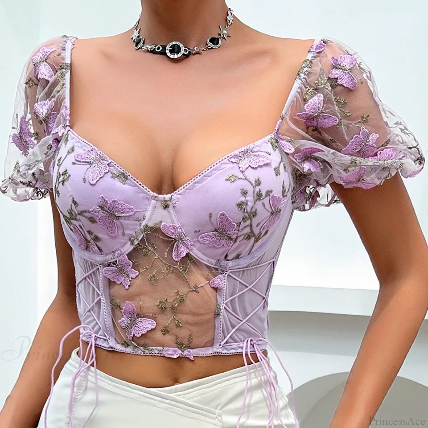 Butterfly Embroidered Mesh Puff Sleeve Lace-up Corset Top Purple / S croptop-250126