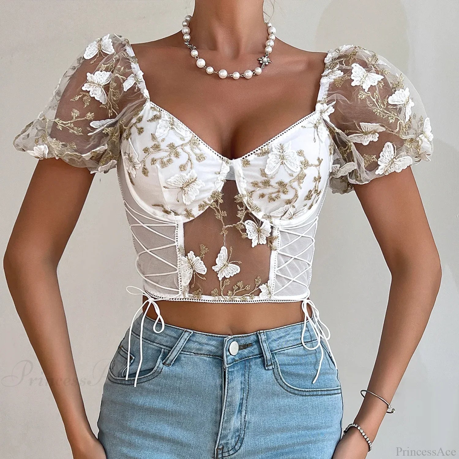 Butterfly Embroidered Mesh Puff Sleeve Lace-up Corset Top White / S croptop-250126