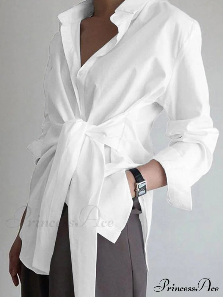 Button Down Graceful Tied Long Shirt White / Xs Shirts