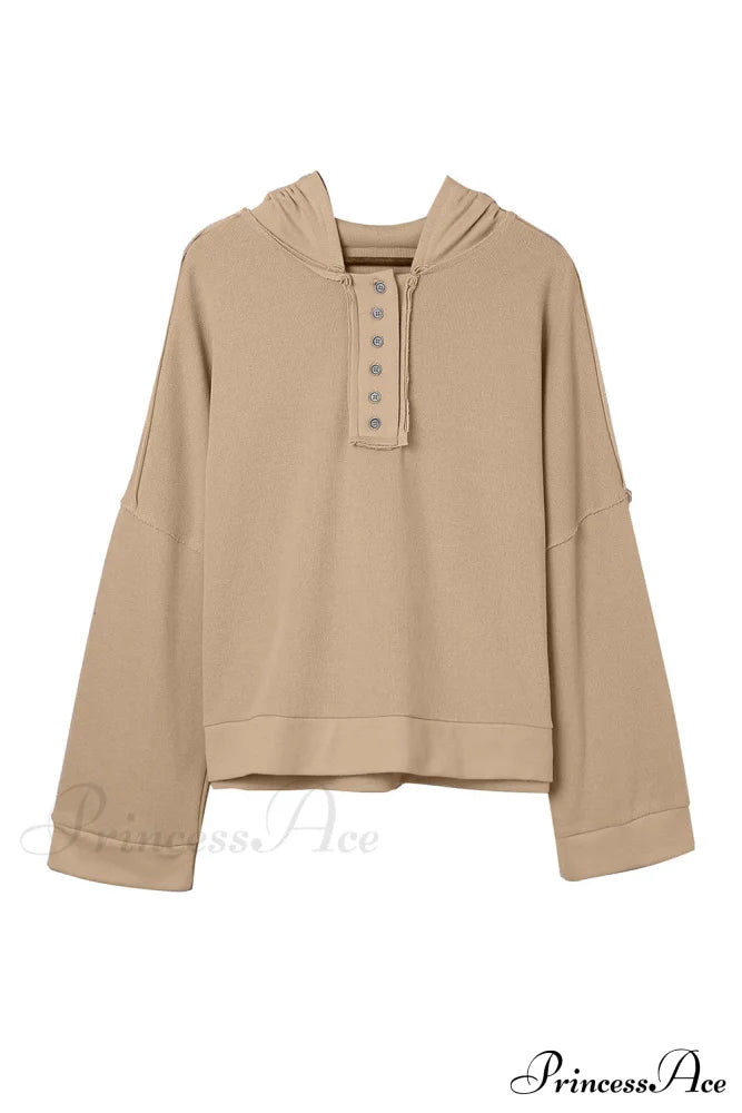 Button Khaki Solid Trim Casual Patchwork Hoodie Sweaters-L