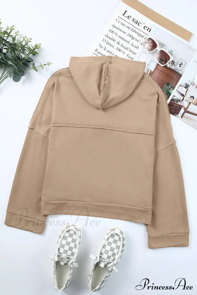 Button Khaki Solid Trim Casual Patchwork Hoodie Sweaters-L