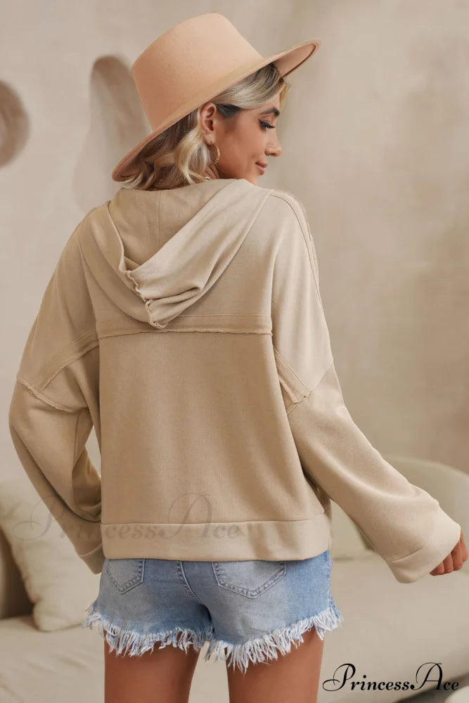 Button Khaki Solid Trim Casual Patchwork Hoodie Sweaters-L