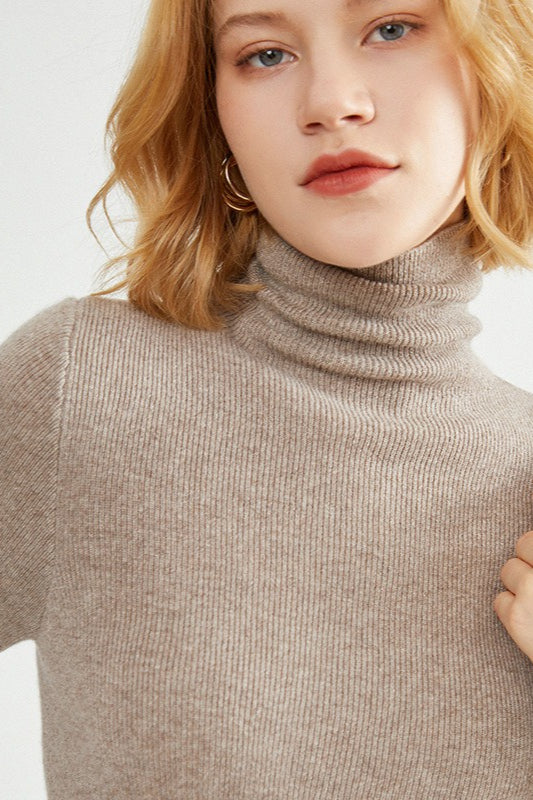 Ribbed Turtleneck Long-Sleeve Slim Stretch Knit Top