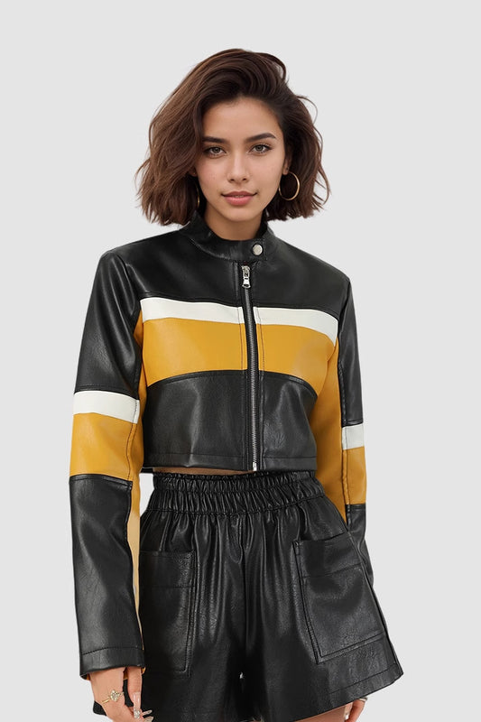 Color-Block PU Leather Biker Jacket
