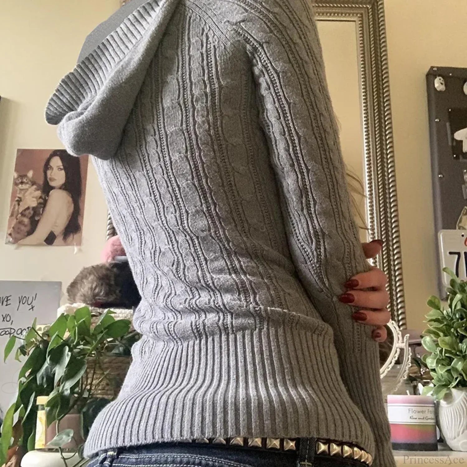 Cable Knitted Slim Fit Hooded Sweater Long Sleeve V Neck Women knittop-250126