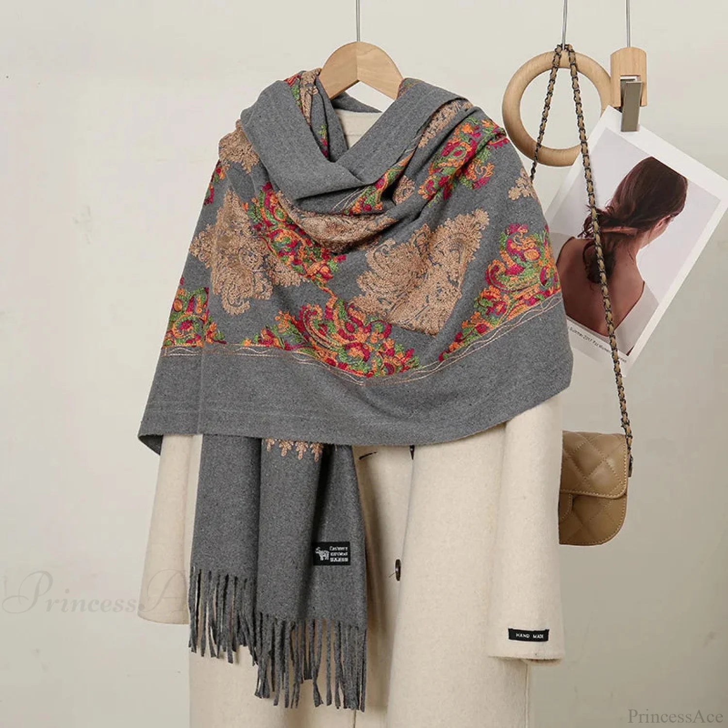 Cashmere Floral Print Winter Blanket Wrap Scarf Dark Grey Scarfs-L