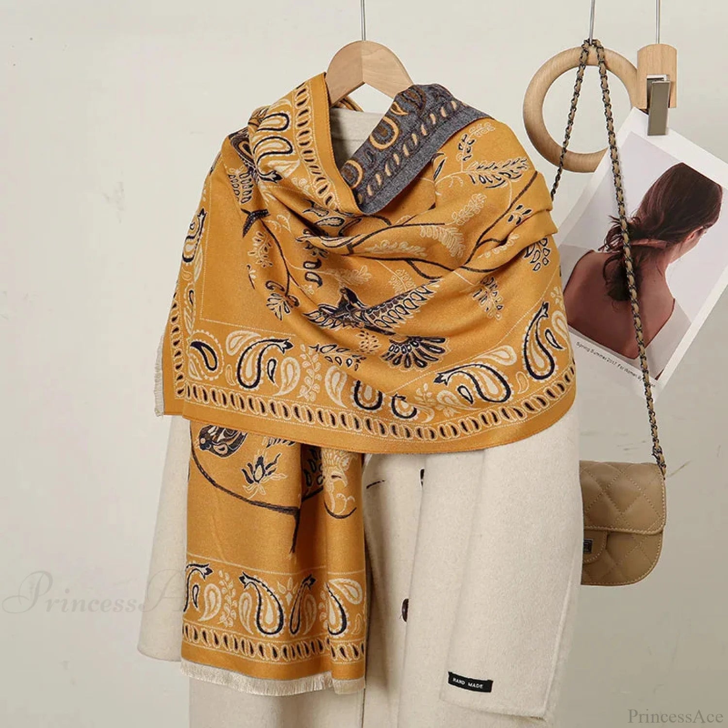 Cashmere Floral Print Winter Blanket Wrap Scarf Yellow Scarfs-L