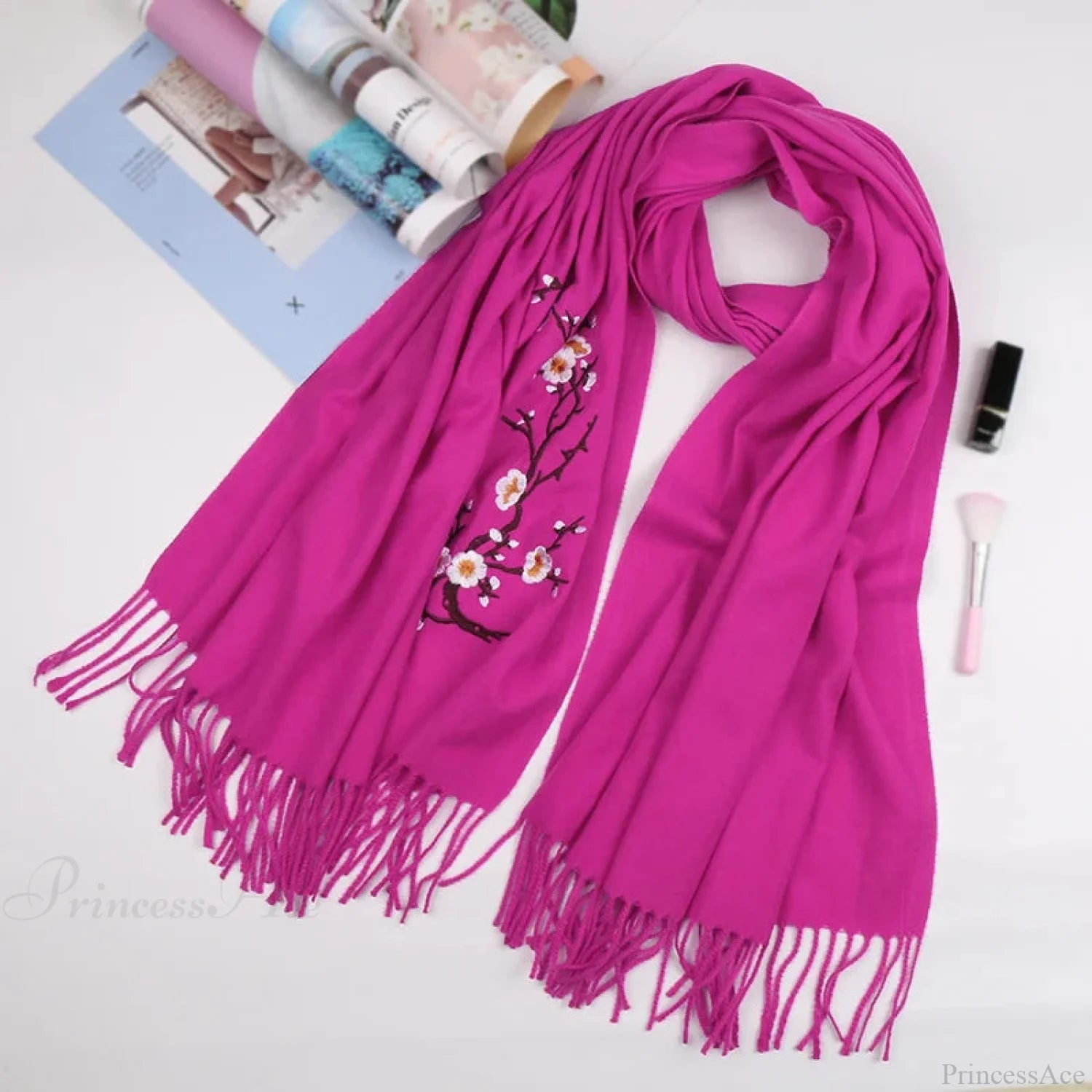 Cashmere Winter Flower Pashmina Shawl With Tassels Rose Red Scarfs-L
