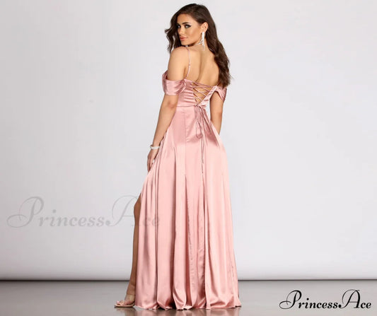 Cassia Lace-Up Back Charming Off Shoulder Satin Dress S.o. Long Dresses