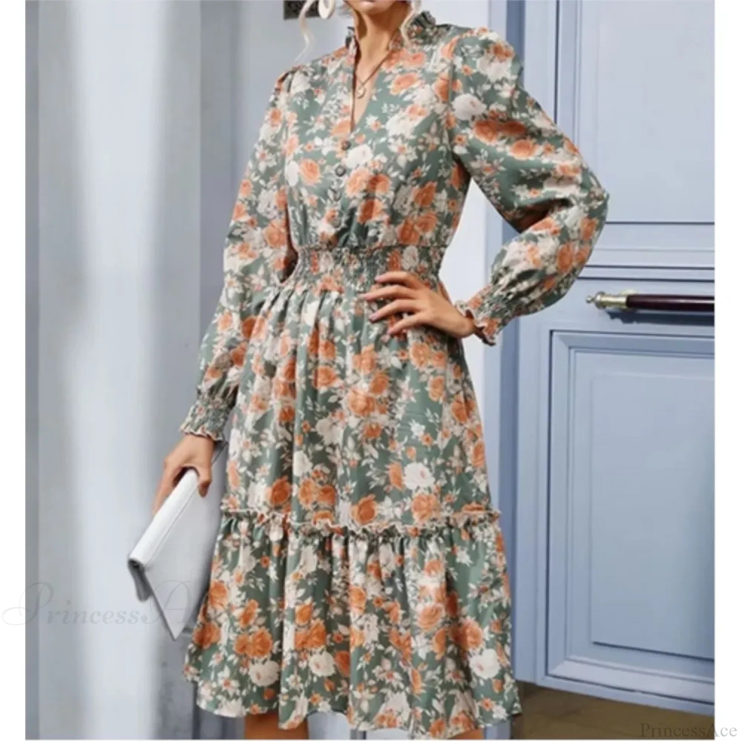 Casual A-line V-neck Floral Dress oldfloraldress-250126