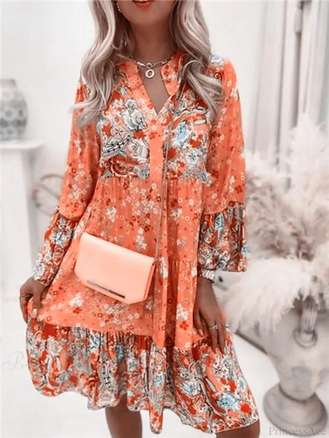 Casual Boho Floral V-neck Ruffled A-line Beach Party Floral Dress oldfloraldress-250126