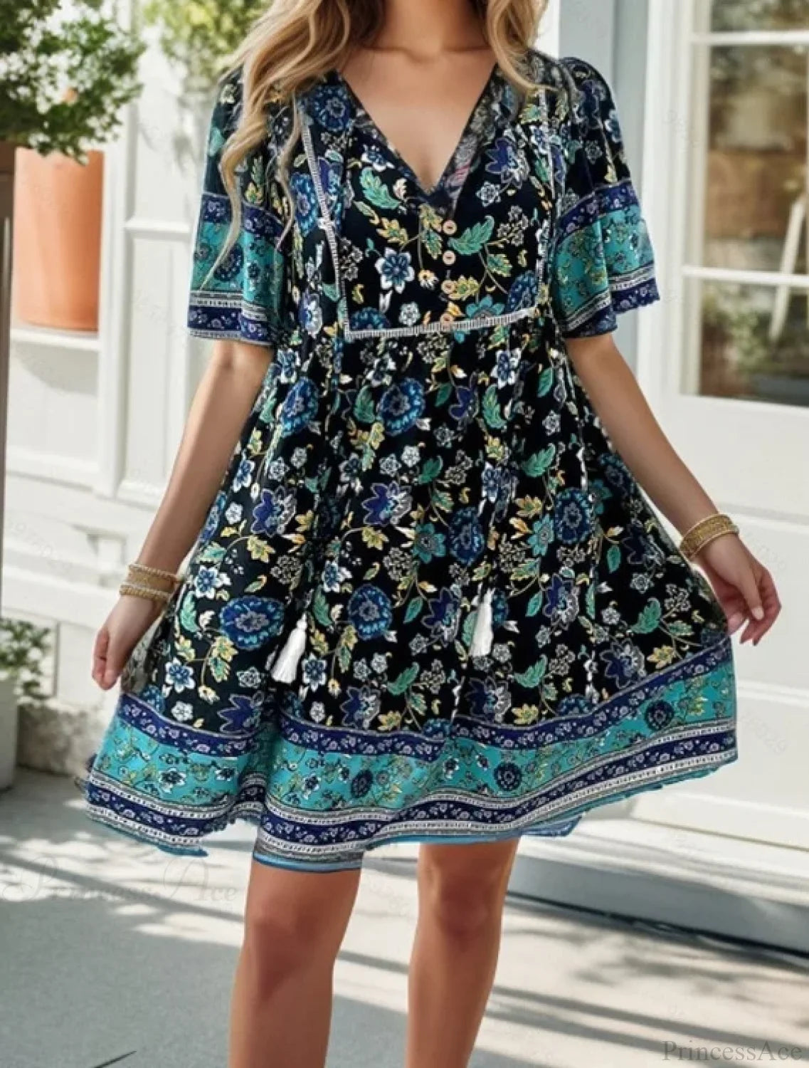 Casual Holiday Floral Print V-neck Short Sleeve Sundress Black / S oldfloraldress-250126